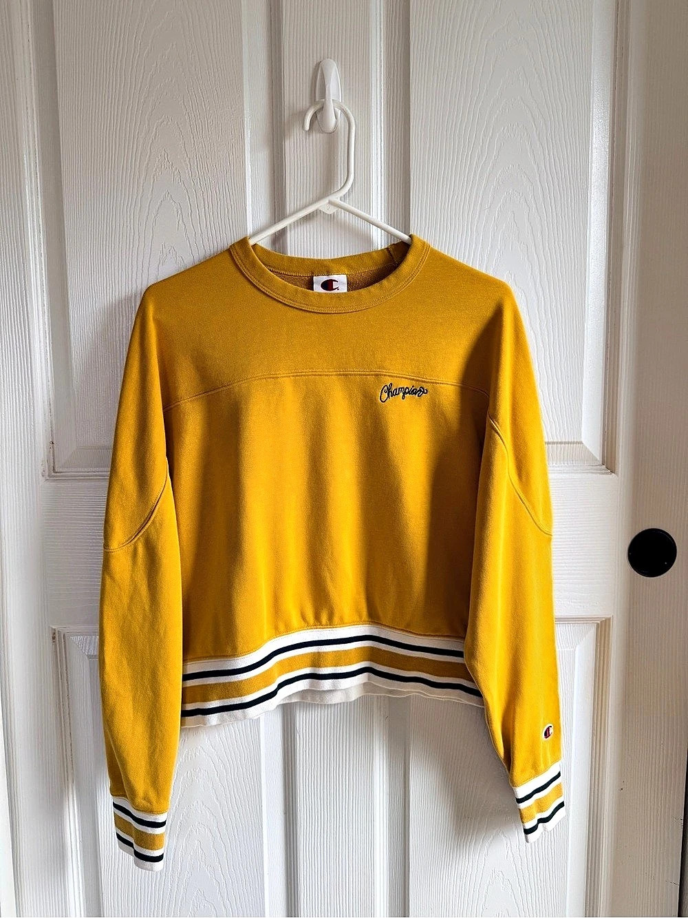 Champion Mustard Yellow Cropped Crewneck Sweatshirt with Striped Hem